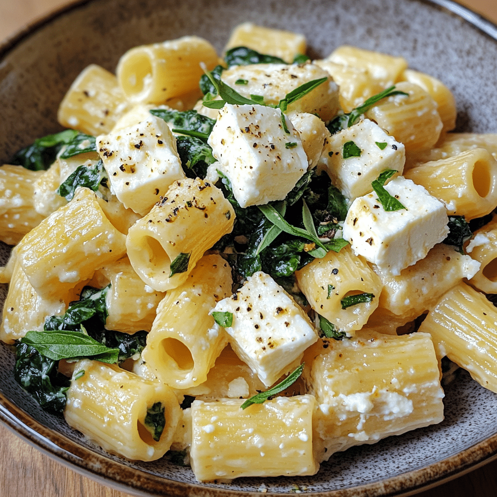 Homemade Baked Feta Pasta with Spinach in a bowl with rich texture and natural daylight