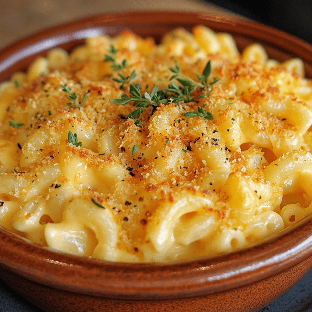 Homemade Baked Mac and Cheese in a bowl with rich texture and natural daylight