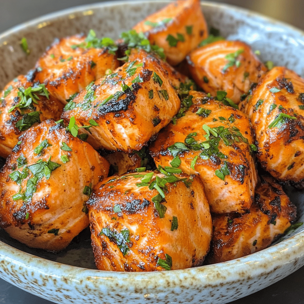 Homemade Bang Bang Salmon Bites in a bowl with rich texture and natural daylight