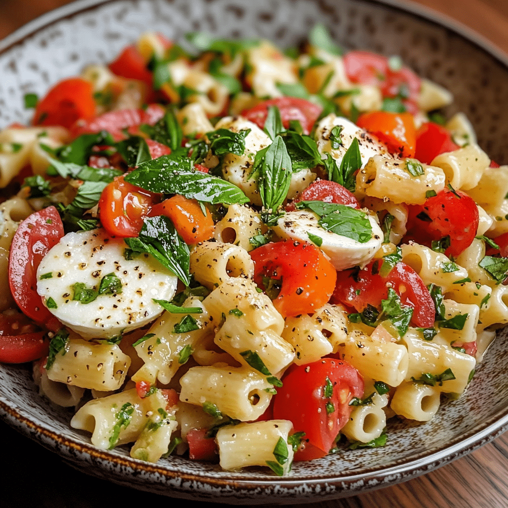 Homemade Caprese Pasta Salad in a bowl with rich texture and natural daylight