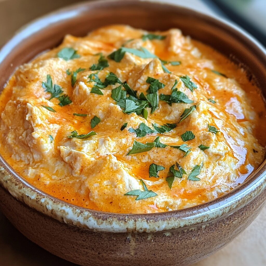 Homemade Buffalo Chicken Dip in a bowl with rich texture and natural daylight